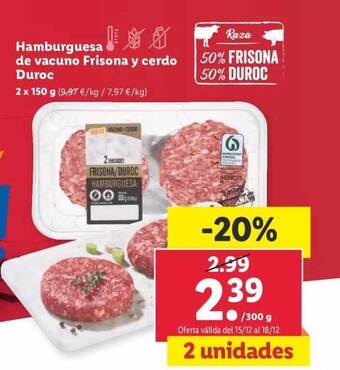 Lidl Hamburguesa de vacuno frisona y cerdo duroc oferta