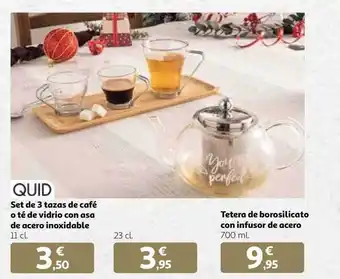 Alcampo Quid set de 3 tazas de café o té de vidrio con asa de acero inoxidable tetera de borosilicato con infusor de acero oferta