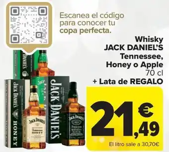 Carrefour Whisky jack daniel's tennessee, honey o apple + lata de regalo oferta