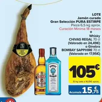 Carrefour Lote jamón curado gran selección pura estirpe + whisky chivas regal o ginebra bombay sapphire oferta