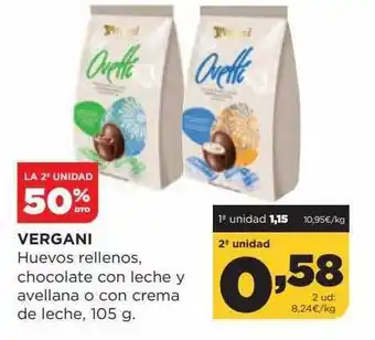 Alimerka La 2a unidad 50% dto vergani huevos rellenos chocolate con leche y avellana o con crema de leche oferta
