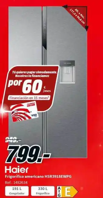 MediaMarkt Hair frigorifico americano hsr3918ewpg oferta