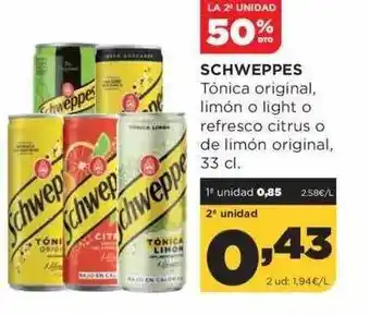 Alimerka La 2a unidad 50% dto schweppes tónica original, limón o light o refresco citrus o de limón original oferta