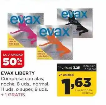 Alimerka La 2a unidad 50% dto evax liberty compresa con alas, noche 8 normal, o super + 1 gratis oferta
