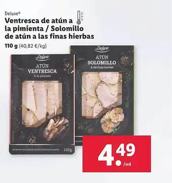 Lidl Deluxe ventresca de atún a la pimienta solomillo de atún a las finas hierbas oferta