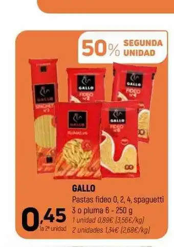 Coviran 50% segunda unidad gallo pastas fideo 0. 2. 4 spaguetti 3 o pluma 6 oferta