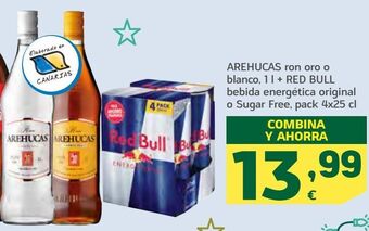 HiperDino Arehucas ron oro o blanco + red bull bebida energética original o sugar free oferta