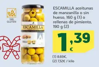 HiperDino Aceitunas de manzanilla o sin hueso, o rellenas de pimiento escamilla oferta