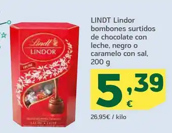 HiperDino Lindor bombones surtido de chocolate con leche, negro o caramelo con sal lindt oferta