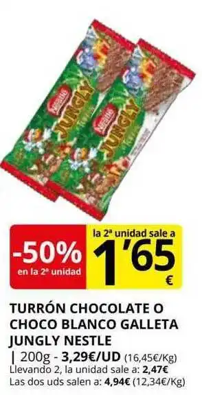 Supermercados MAS -50% en la 2a unidad turrón chocolate o choco blanco galleta jungly nestle oferta