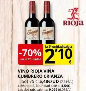 Supermercados MAS -70% en la 2a unidad vino rioja viña cumbrero crianza oferta