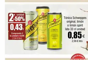 FROIZ 2a unidad -50% tónica schweppes original, limón o limón spirit lata unidad oferta
