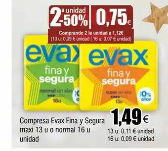 FROIZ 2a unidad -50% compresa evax fina y segura maxi 13 u o normal 16 oferta