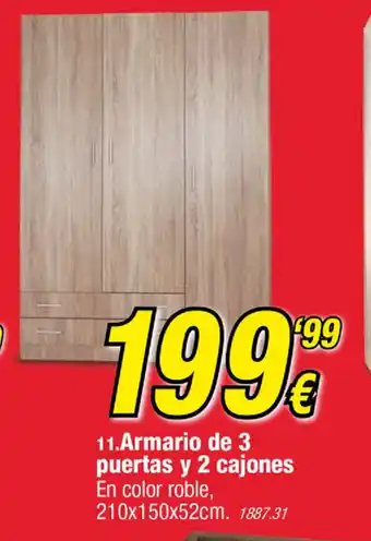 Rapimueble Armario de 3 puertas y 2 cajones En Color roble, 210 x 150 x 52cm oferta