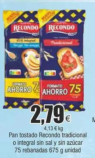 FROIZ Pan tostado recondo tradicional o integral sin sal y sin azúcar 75 rebanadas oferta