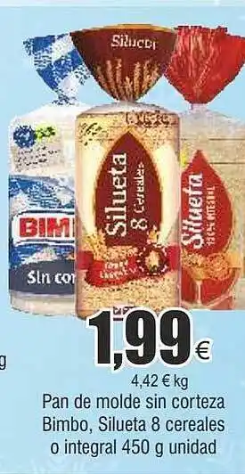 FROIZ Pan de molde sin corteza bimbo, silueta 8 cereales o integral oferta