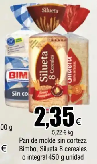 FROIZ Pan de Molde Sin Corteza Bimbo, Silueta 8 Cereales o Integral 450g Unidad oferta