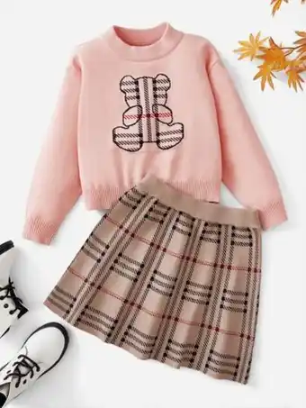 Shein niñas jersey con patrón de oso & falda de cuadros
