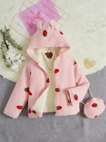 Shein niñas cazadora teddy con patrón de fresa con bolso