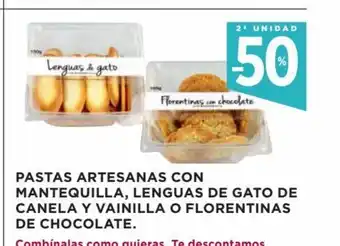 Hipercor Pastas Artesanas Con Mantequilla, Lenguas de gato Canela Y Vainilla o Florentinas De Chocolate oferta