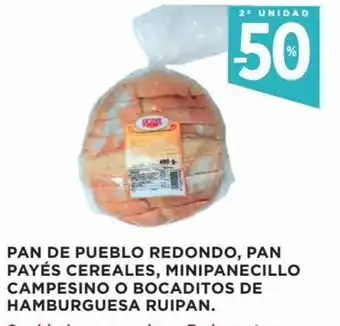 Hipercor Pan de Pueblo Redondo, Pan Payés Cereales, Minipanecillo Campesino o Bocaditos De Hamburguesa Ruipan oferta