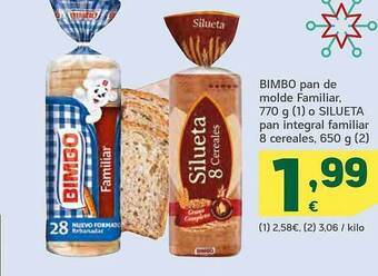 HiperDino Bimbo pan de molde familiar o silueta pan integral familiar 8 cereales oferta