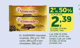 HiperDino El almendro chocoalte crujiente, 70% cacao o tres chocolate oferta