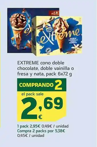 HiperDino Extreme cono doble, chocolate, doble vainilla o fresa y nata oferta