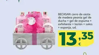 HiperDino Becasan carro de cesta de madera peonía gel de ducha + gel de espuma + exfoliante + loción + sales + esponja oferta