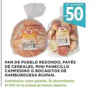 Supercor 2a unidad -50% pan de pueblo redondo payés de cereales mini panecillo campesino o bocaditos de hamburguesa ruipan oferta