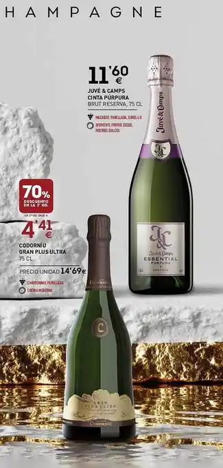 BM Supermercados 70% descuento en la 2a ud codorniu gran plus ultra juvé & camps cinta púrpura brut reserva oferta