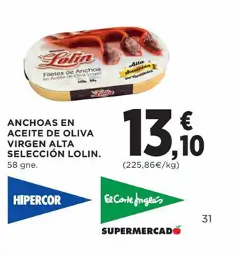Hipercor Anchoas en aceite de oliva virgen alta selección LOLIN oferta
