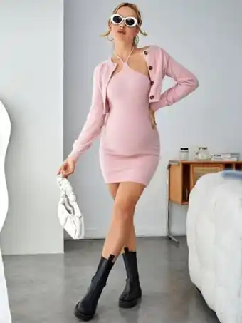 Shein Shein maternidad cárdigan con botón delantero & vestido de punto de tirantes oferta