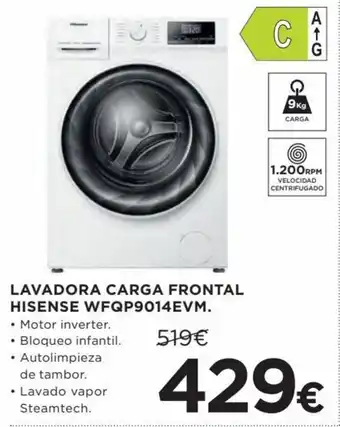 Hipercor Lavadora carga fronta hisense WFQP9014EVM oferta