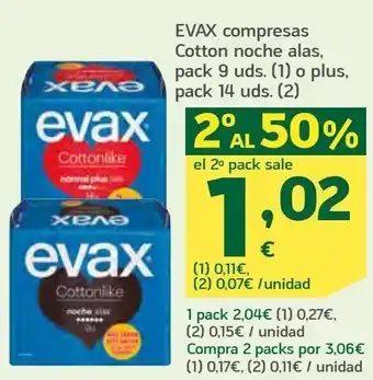 HiperDino Evax compresas cotton noches, alas oferta