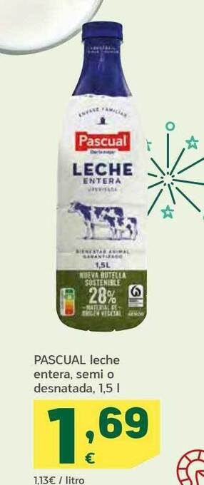 HiperDino Pascual leche entera, semi o desnatada oferta