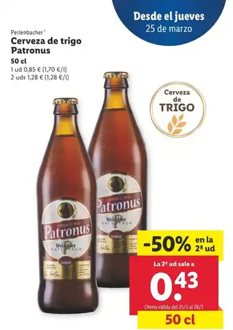 Lidl Perlenbacher Cerveza de Trigo Patronus 50cl oferta
