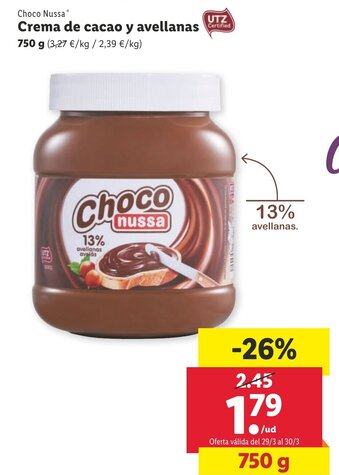 Lidl Choco Nussa Crema de Cacao y Avellanas 750g oferta