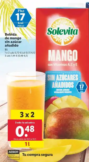 Lidl Bebida de Mango Sin Azúcar Añadido 1L oferta