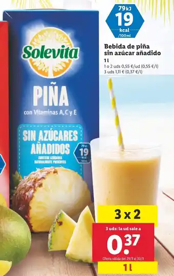 Lidl Bebida de Piña sin Azúcar Añadido 1L oferta