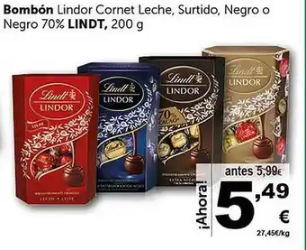 Masymas Bombón lindor cornet leche, surtido negro o negro 70% lindt oferta