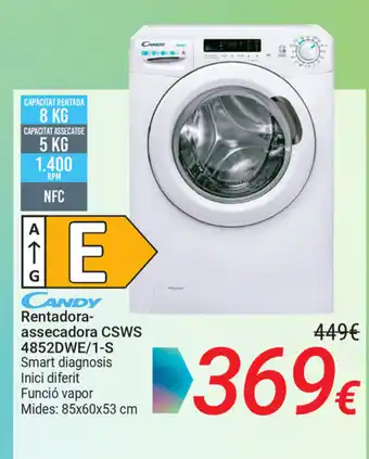 Carrefour Candy Rentadora assecadora CSWS 4852DWE/1-S Smart diagnosis Inici diferit Funció vapor 85x60x53 cm oferta