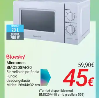 Carrefour Bluesky Microones BM020SM-20 5 nivells de potència Funció descongelació 26x44x32 cm oferta