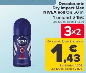 Carrefour Desodorante dry impact men nivea roll on oferta