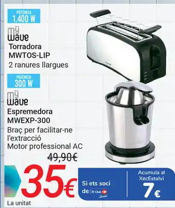 Carrefour Wave Torradora MWTOS-LIP 2 ranures llargues 1.400W, Wave Espremedora MWEXP-300 Brac per facilitar-ne l'extracció Motor profes oferta