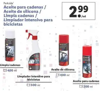 Lidl Parkside Aceite para cadenas 200ml /Aceite de silicona 400ml/Limpia cadenas 400ml/Limpiador intensivo para bicicletas 500ml oferta
