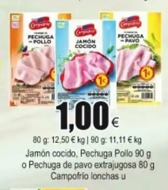 FROIZ Jamón cocido, Pechuga Pollo 90g o Pechuga de pavo extrajugosa 80g Campofrio lonchas u oferta