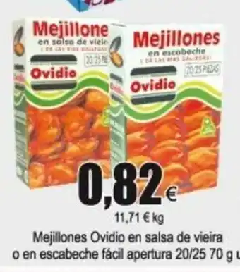 FROIZ Mejillones Ovidio en salsa de vieira o en escabetche fácil apertura 20/25 70g oferta