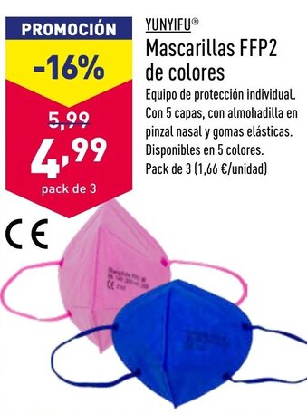 ALDI Yunyifu Mascarillas FFP2 de colores Pack de 3 oferta