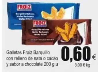 FROIZ Galletas Froiz Barquillo con relleno de nata o cacao y sabor a chocolate 200g u oferta